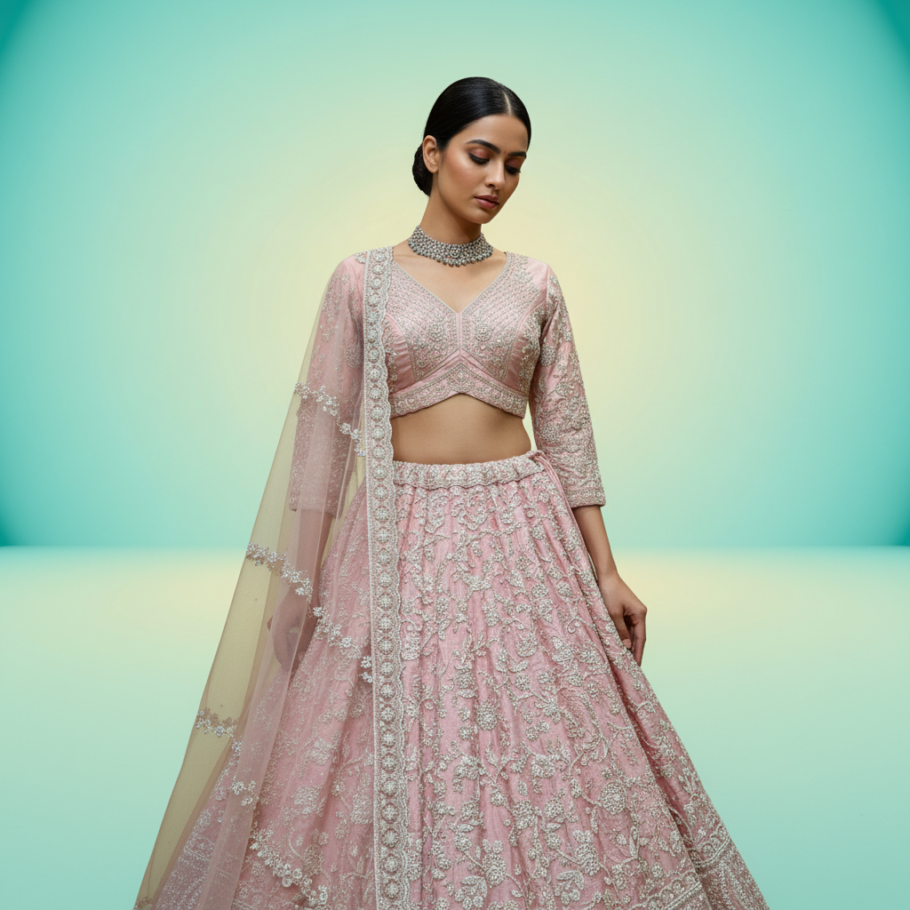Royalty - Viscose Silk Soft Pink Designer Lehenga w/h Full Sleeve Blouse