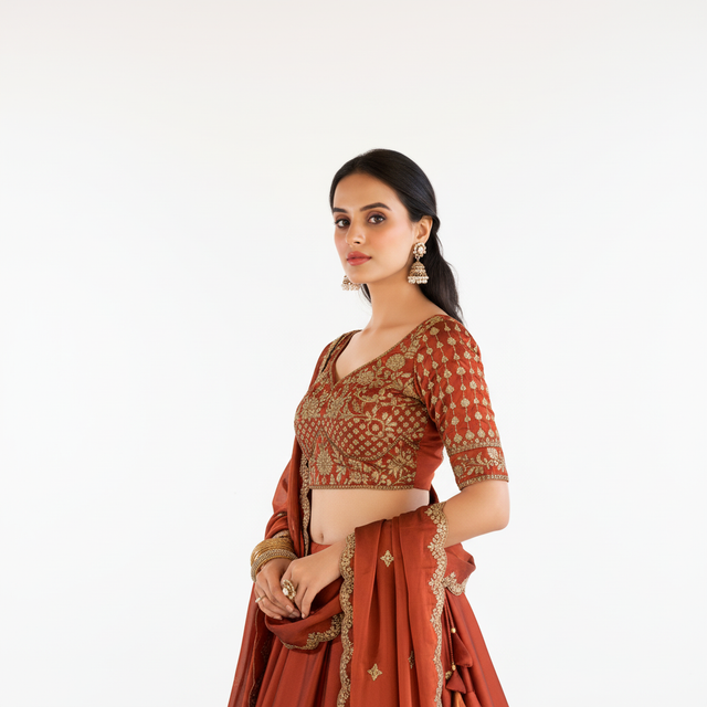 Embroidered lehenga choli with short-sleeve blouse and flowing skirt, rust orange