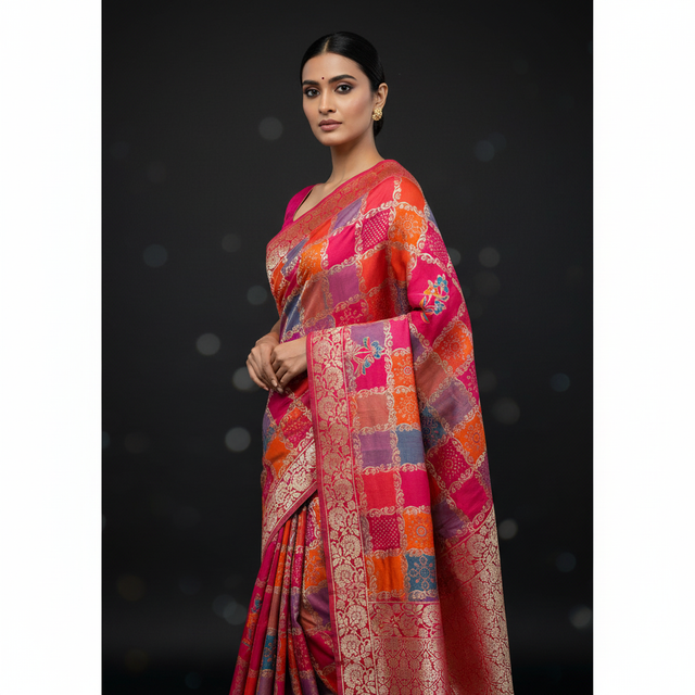 Silk saree drape with maroon and orange checks, blue accents, gold zari detailing
