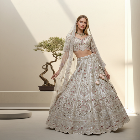 Rosé - Double Dupatta Raw Silk Ivory Bridal Reception Lehenga
