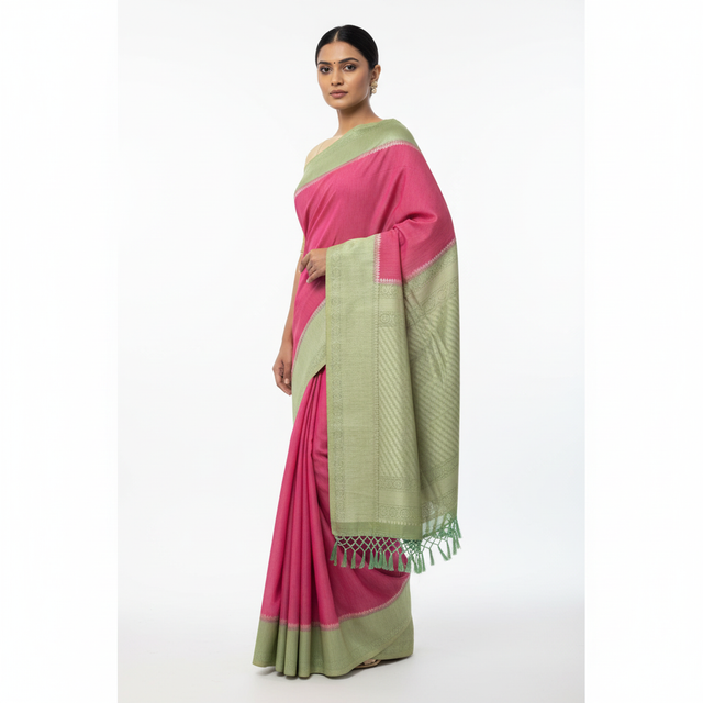 Contrast pallu saree with pink drape and sage green border, fringe tassels on pallu