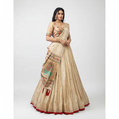 Doli - Jacquard Silk Zari Weaving Work OffWhite Gold Lehenga Choli set