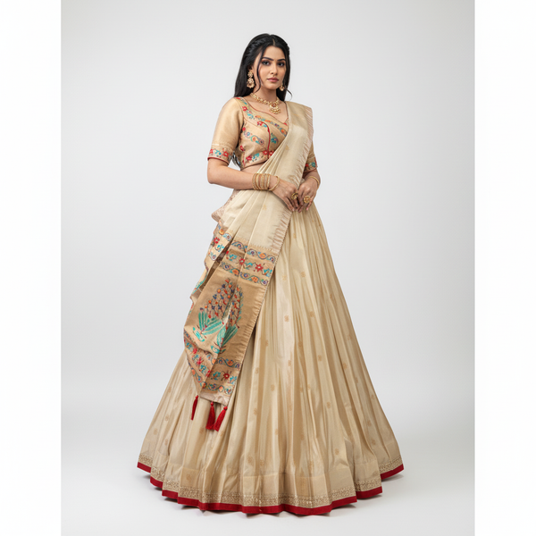 Doli - Jacquard Silk Zari Weaving Work OffWhite Gold Lehenga Choli set