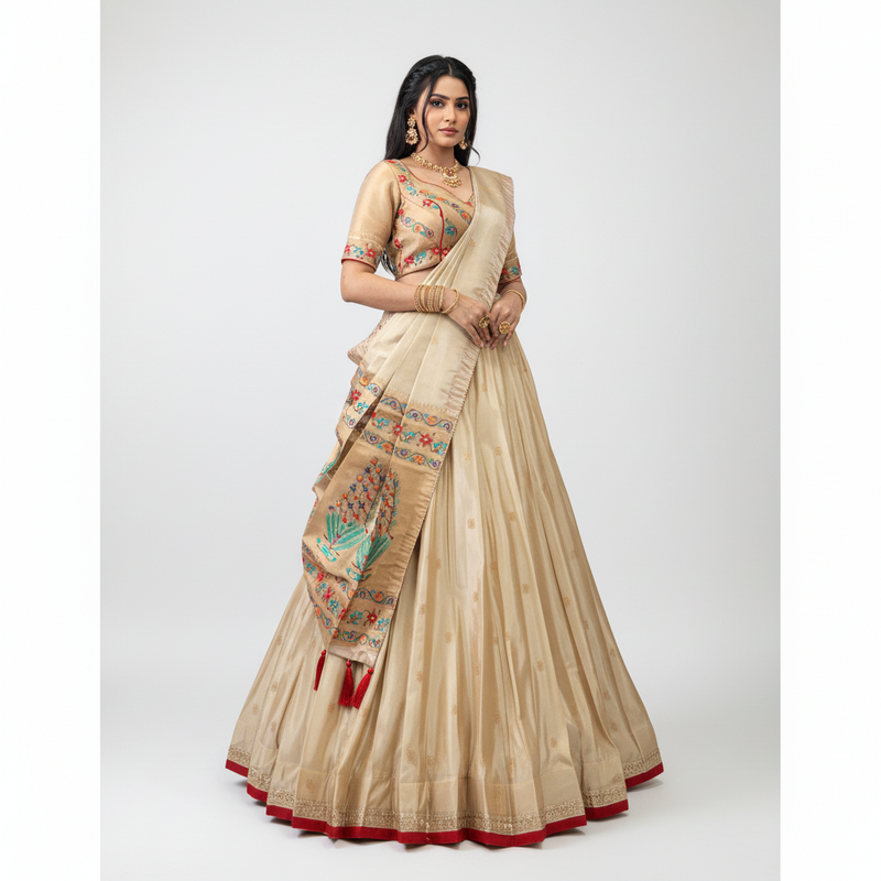 Doli - Jacquard Silk Zari Weaving Work OffWhite Gold Lehenga Choli set