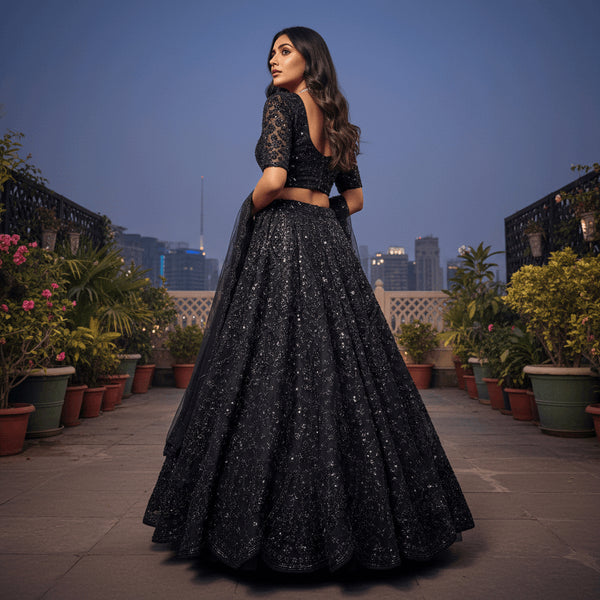 Black embellished lehenga choli set with beadwork blouse and flared skirt