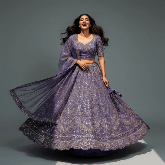 Cherry Blossom - Soft Tissue Blooming Purple Gorgeous Partywear Lehenga