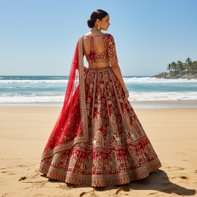 Royal red bridal lehenga, back view with deep drape and detailed gold motif border