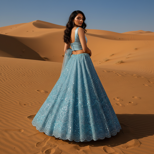 Jazzagals - Beads & Pearls Handwork Powder Blue Partywear Lehenga