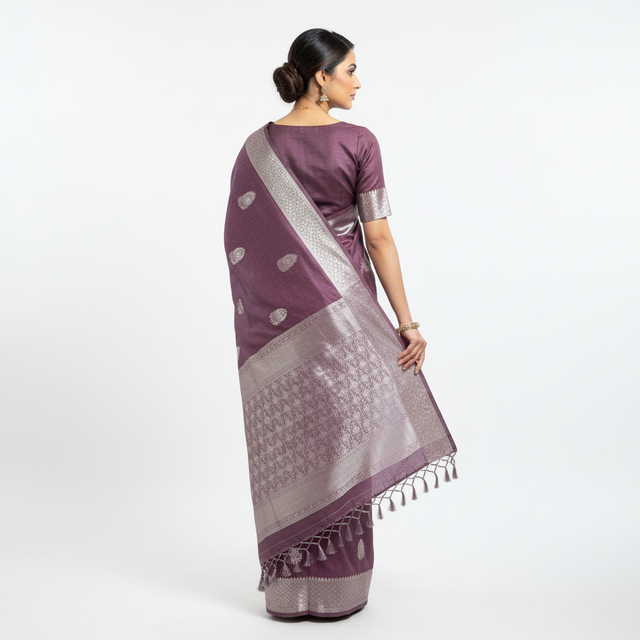 Burgundy saree with silver-tone pallu panel, woven motifs, and tassel-trimmed hem