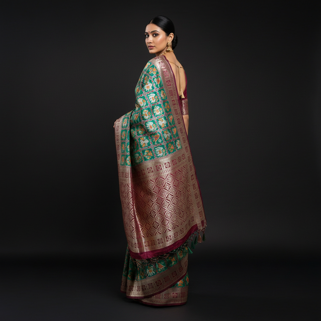 Green patola silk saree drape with maroon zari-style border and tassel trim
