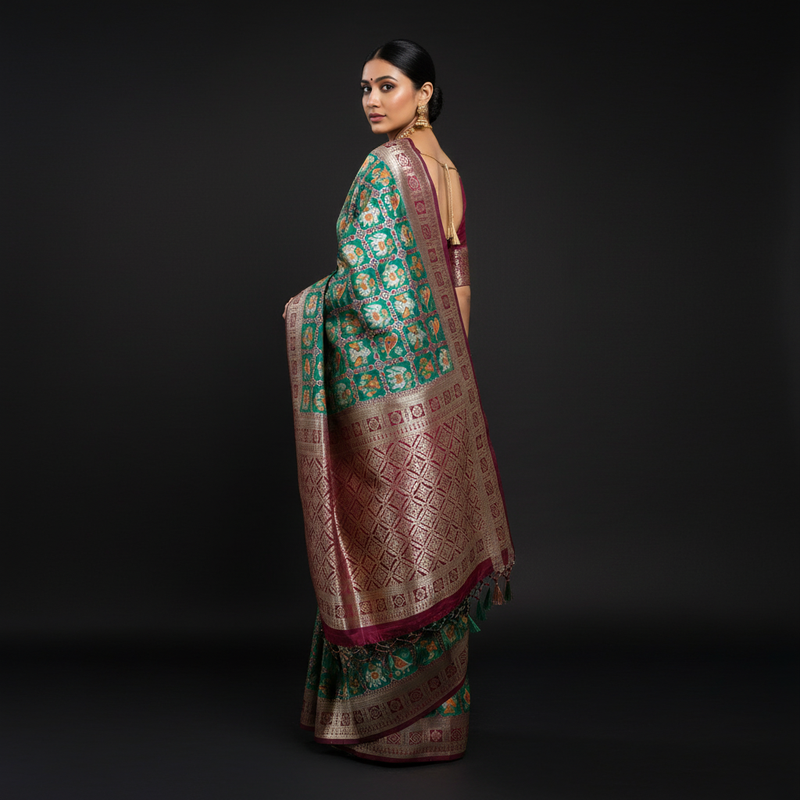 Green patola silk saree drape with maroon zari-style border and tassel trim