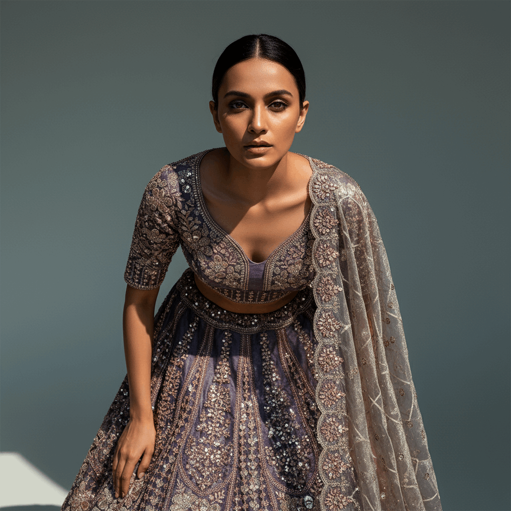 Cherry Blossom - Soft Silk Golden Work Royal Look Partywear Lehenga Purple Satin