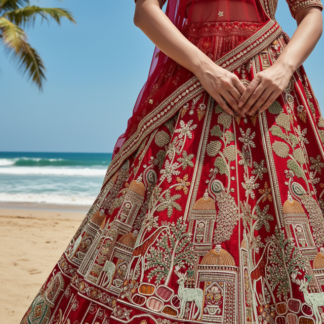 Red lehenga skirt with dense gold, green and white sequin embroidery panels