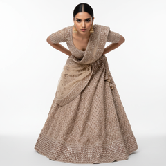 Metallic grey velvet lehenga skirt with all-over mirror work and scalloped border