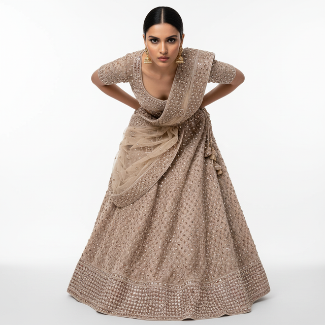 Metallic grey velvet lehenga skirt with all-over mirror work and scalloped border