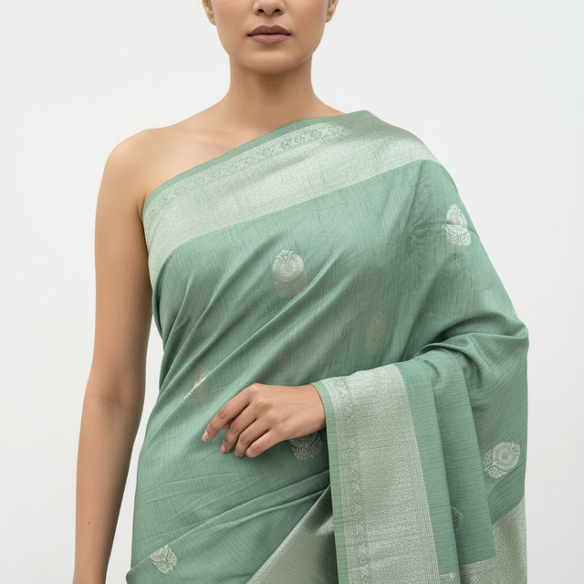 Sage green cotton-linen blend saree with light woven border and circular motifs