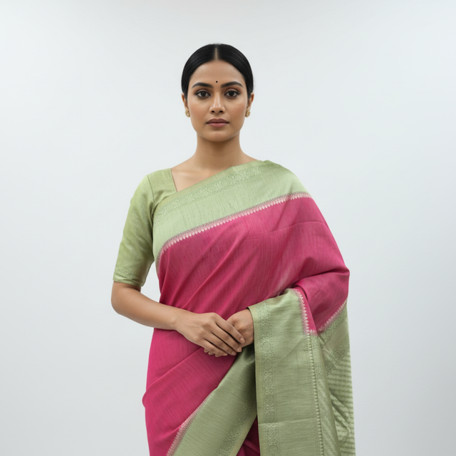 Cotton-linen blend saree with pink and sage green contrast pallu, woven border