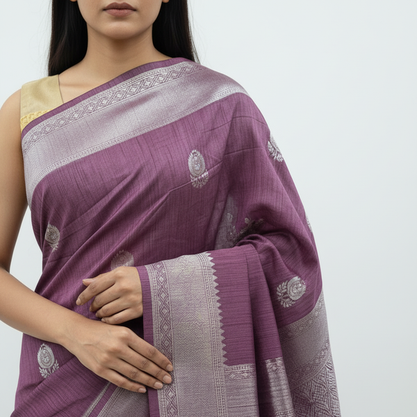 Burgundy saree with silver pallu border, small floral motifs, and woven panel details