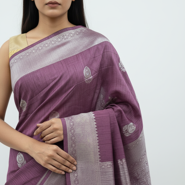 Burgundy cotton-linen blend saree with silver-tone woven border and circular motifs