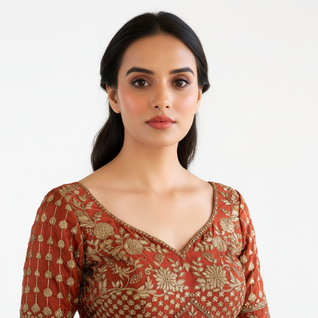 Rust orange embellished blouse with V neckline, gold thread embroidery and sequins