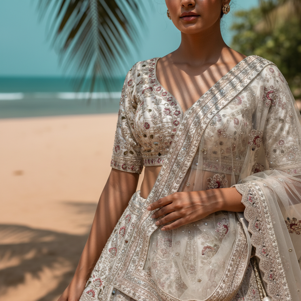 Rosé - Double Dupatta Raw Silk Ivory Bridal Reception Lehenga