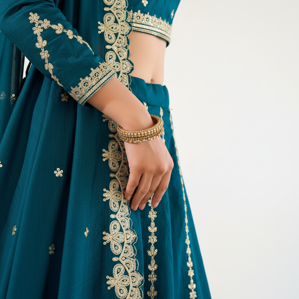 Doli - Vichitra Silk Sequins and Thread Embroidery Work Ferozi Lehenga Choli Set