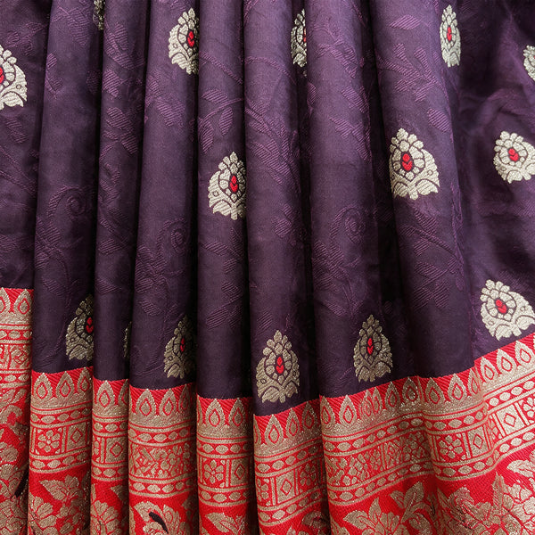 Wine Purple Banarasi Art Silk Saree with Zari Butis & Red Floral Border, close-up of the weave