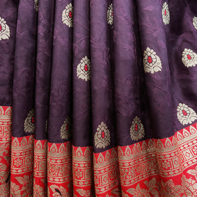 Wine Purple Banarasi Art Silk Saree with Zari Butis & Red Floral Border, close-up of the weave