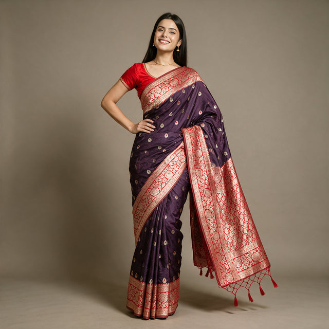 Wine Purple Banarasi Art Silk Saree with Zari Butis & Red Floral Border, worn by a model