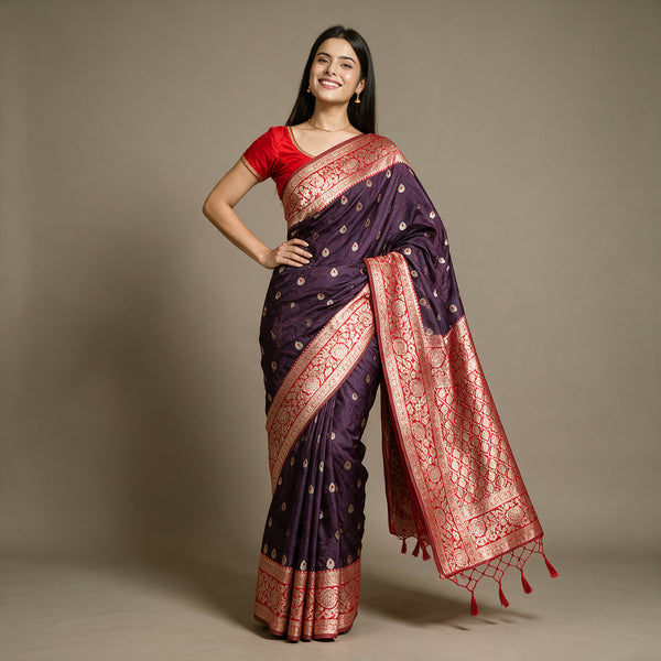 Wine Purple Banarasi Art Silk Gifting Saree with Zari Butis & Red Floral Border