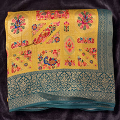 Yellow position print saree in pure viscose, folded view