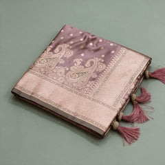Satin Gifting Saree with Zari Paisley Border in mauve, folded