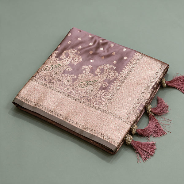 Satin Gifting Saree with Zari Paisley Border in mauve, folded