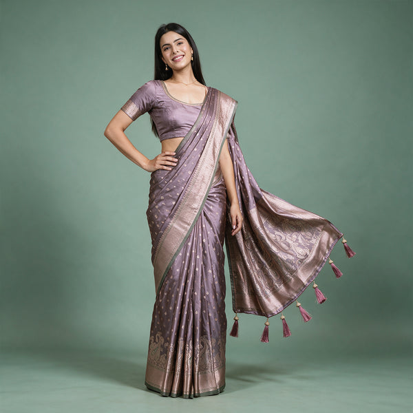 Satin Gifting Saree with Zari Paisley Border in mauve, worn by a model