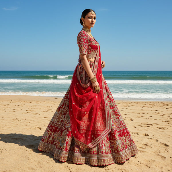 Red bridal lehenga with gold-toned handwork border and matching dupatta, flowing flare
